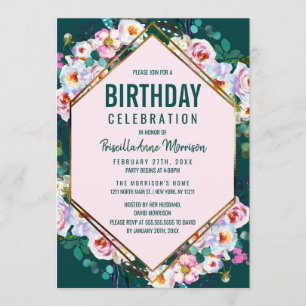 Invitation Fleurs roses Or Trim Emerald Jade Anniversaire