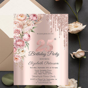 Invitation Fleurs Roses Pailletées Gouttes Rose Doré 25ème An