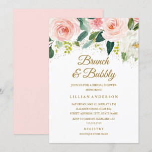 Invitation Fleurs roses paillettes dorées Brunch Et Bulles