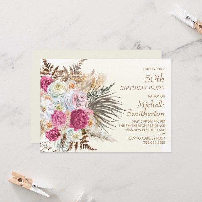 Invitation Fleurs roses paillettes dorées Crème 50e anniversa (Devant/Arrière en situation)