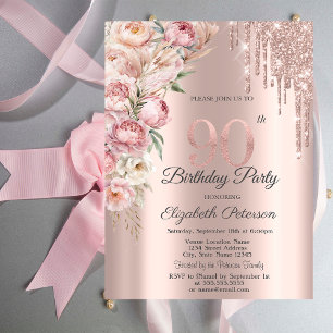 Invitation Fleurs Roses Paillettes Gouttes Or Rose 90e Annive