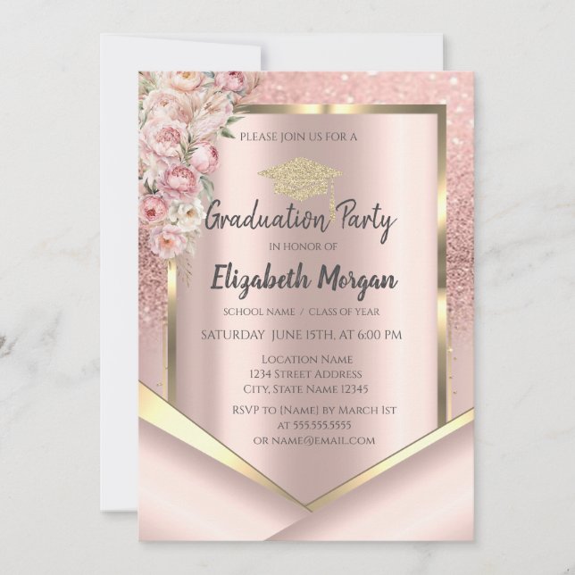 Invitation Fleurs roses paillettes or rose diplôme (Devant)