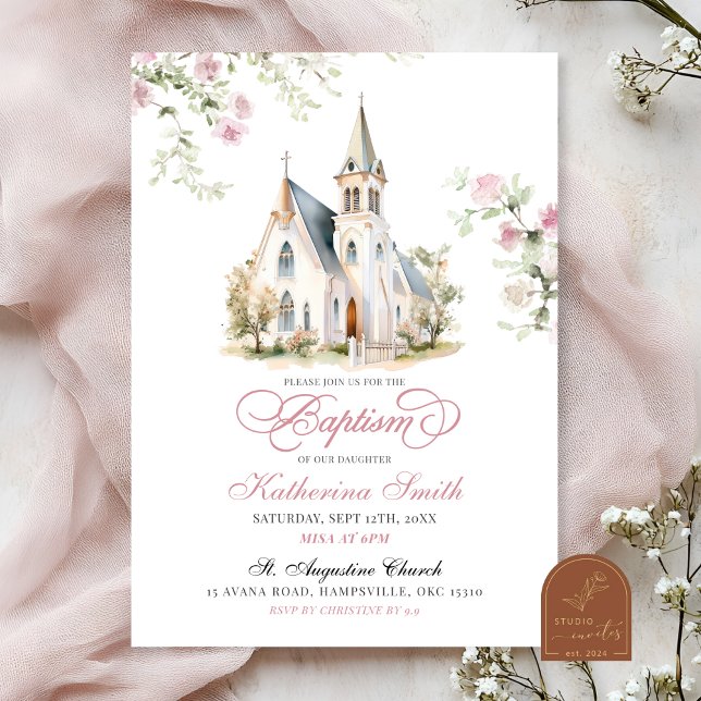 Invitation Fleurs roses pâles Baptême classique de l'église (Créateur téléchargé)
