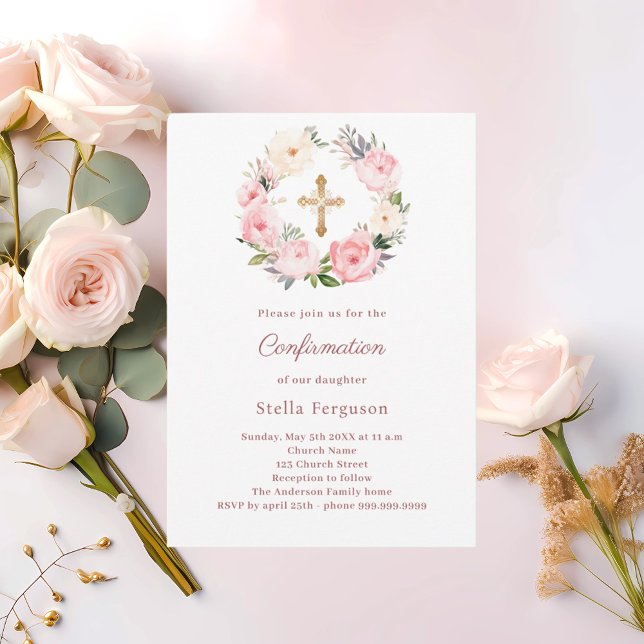 Invitation Fleurs roses pâles croix Confirmation (Créateur téléchargé)