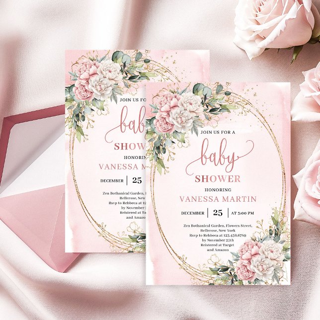 Invitation Fleurs Roses Pâles et Verdure Baby Shower Fille (Soft Blush Pink Flowers Greenery Baby Shower Girl)