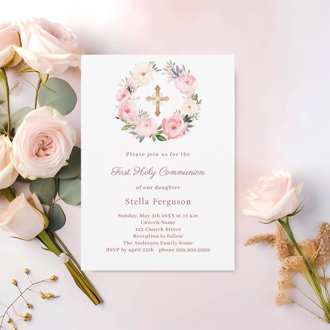 Invitation Fleurs roses pâles pour la Première Communion (Créateur téléchargé)