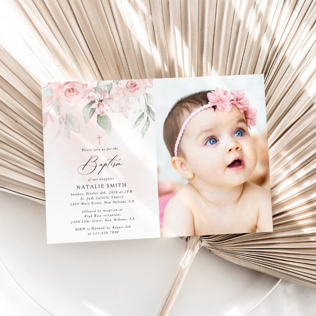 Invitation Fleurs roses pâles, verdure, Boho, baptême floral (Créateur téléchargé)