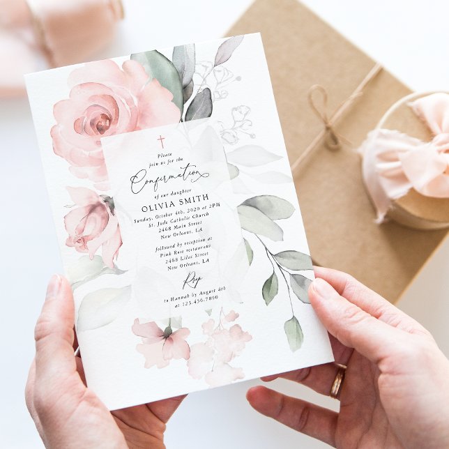 Invitation Fleurs roses pâles, verdure, confirmation florale (Créateur téléchargé)