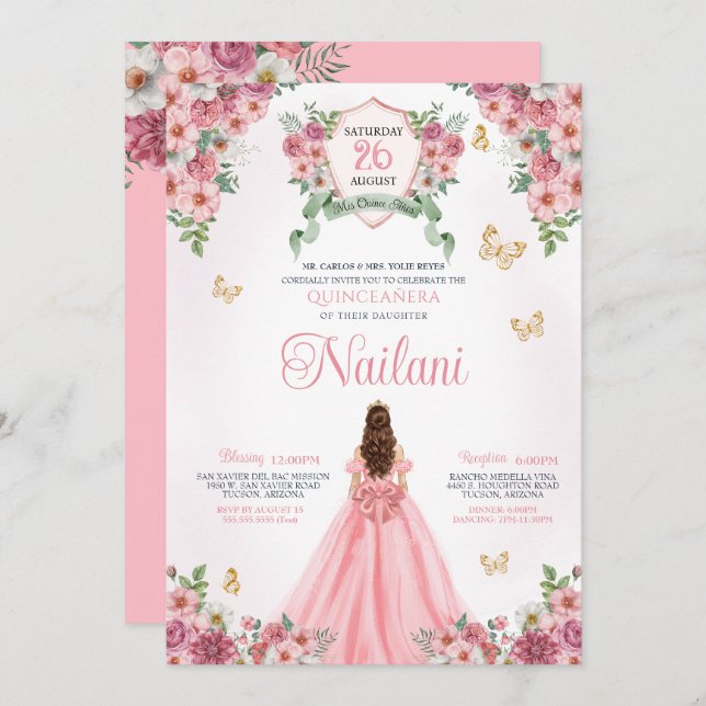 Invitation Fleurs roses Papillon Or rose Floral Quinceanera (Devant / Derrière)