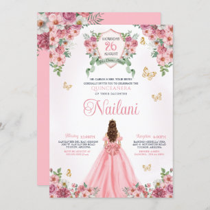 Invitation Fleurs roses Papillon Or rose Floral Quinceanera