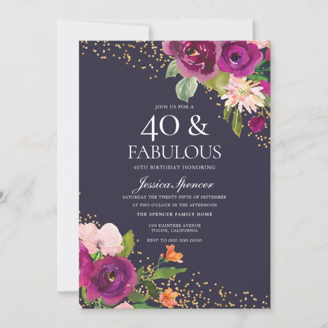 Invitation Fleurs roses Parties scintillant violet 40e annive (Devant)