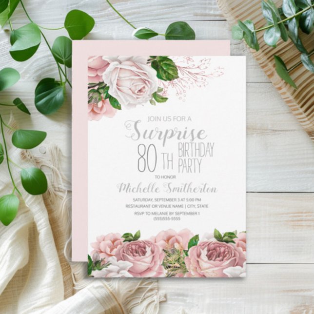 Invitation Fleurs roses pastel pour les 80 ans (Blush pink vintage floral surprise 80th birthday party invitation)