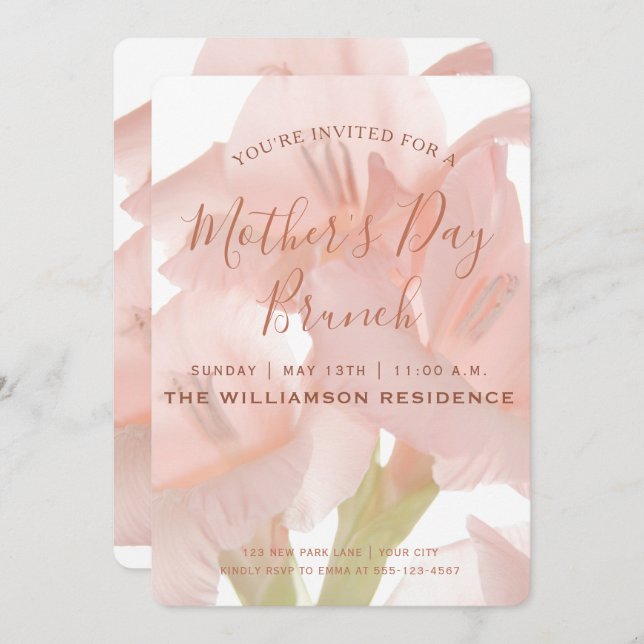 Invitation Fleurs roses Pêche Fête des Mères Brunch Invitatio (Devant / Derrière)