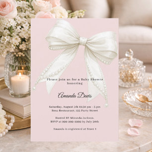 Invitation Fleurs roses perles d'ivoire fille Baby Shower