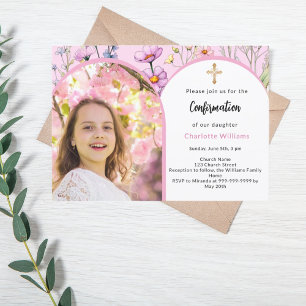 Invitation Fleurs roses photo arc fille Confirmation