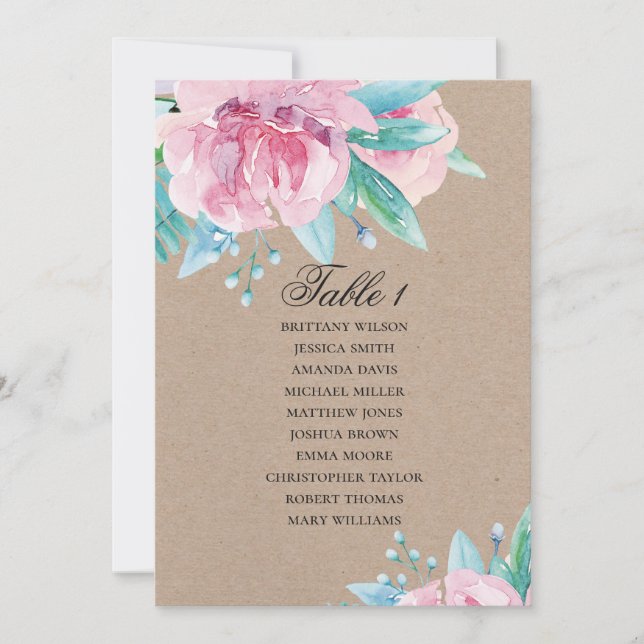 Invitation Fleurs roses. Plan de table de mariage floral rust (Devant)