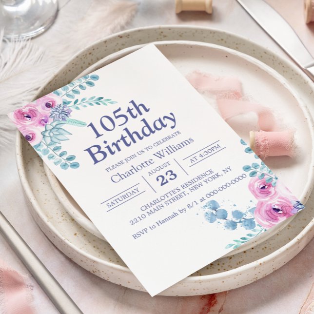 Invitation Fleurs roses pour 105e anniversaire (105th Birthday Floral Pink 105 Years Invitation
)