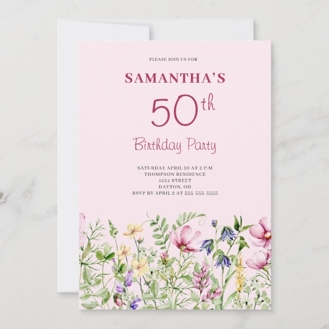 Invitation Fleurs roses pour 50e anniversaire (Devant)