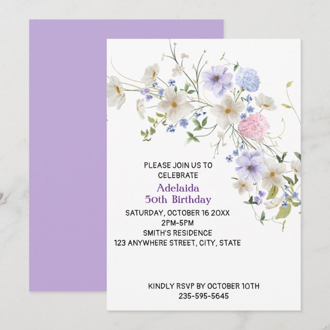Invitation Fleurs roses pourpres Boho Fleurs sauvages de prin (Devant / Derrière)