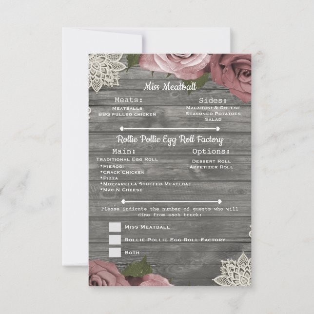 Invitation Fleurs roses poussiéreuses Bois gris rustique Menu (Devant)