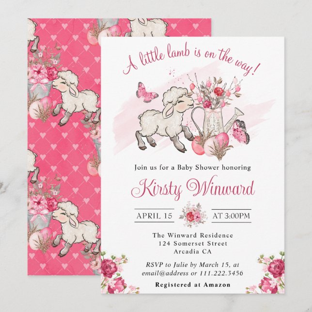 Invitation Fleurs roses printanières et douche de bébé pour u (Devant / Derrière)