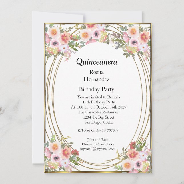 Invitation Fleurs roses Quinceanera fête d'anniversaire (Devant)