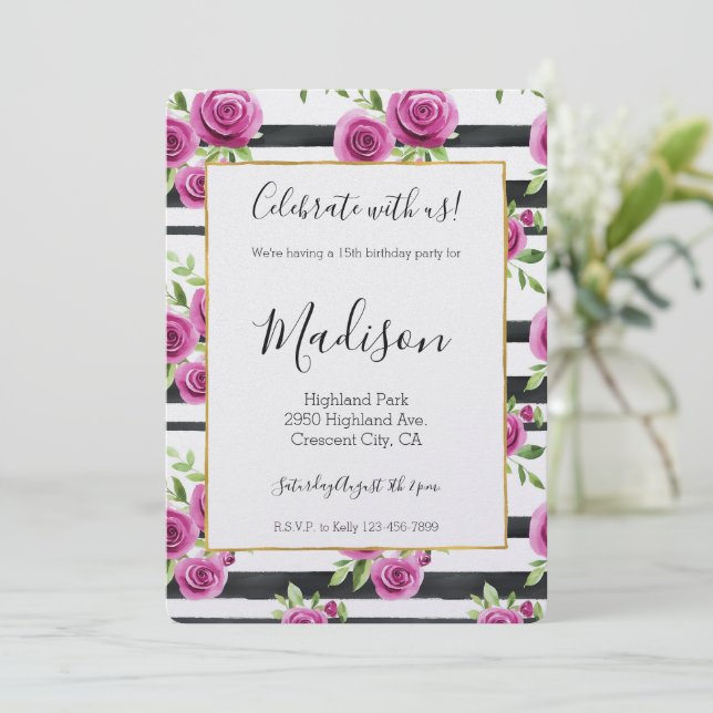 Invitation Fleurs roses rayures noires Anniversaire (Debout devant)