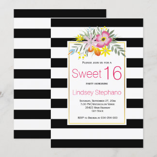 Invitation Fleurs roses, rayures sweet sixteen anniversaire