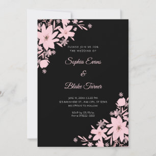 Invitation Fleurs roses romantiques Mariage noir floral