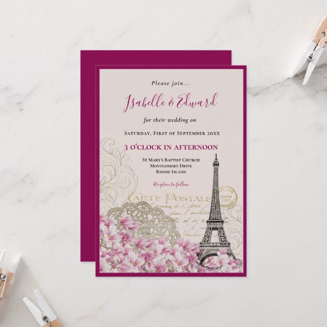 Invitation Fleurs roses romantiques Mariage Tour Eiffel Paris (Devant/Arrière en situation)