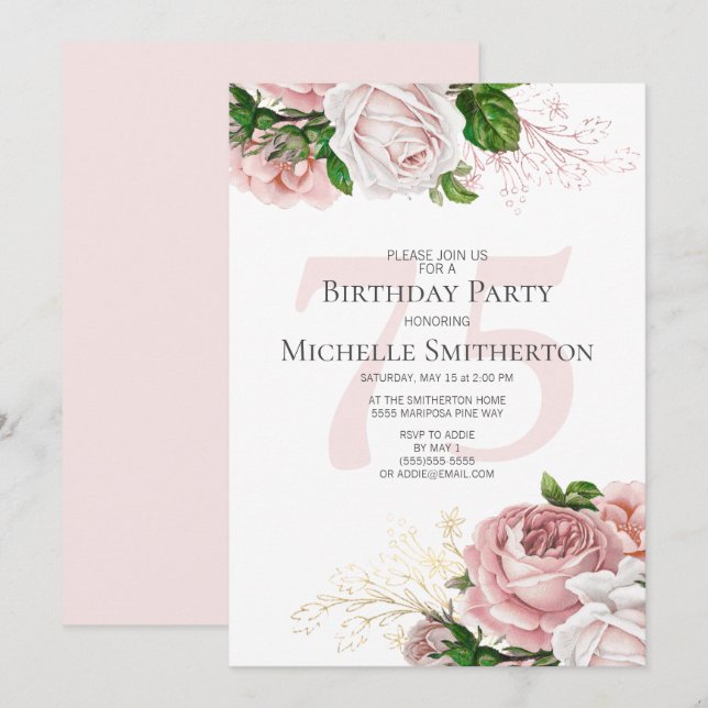 Invitation Fleurs roses rose 75e anniversaire (Devant / Derrière)