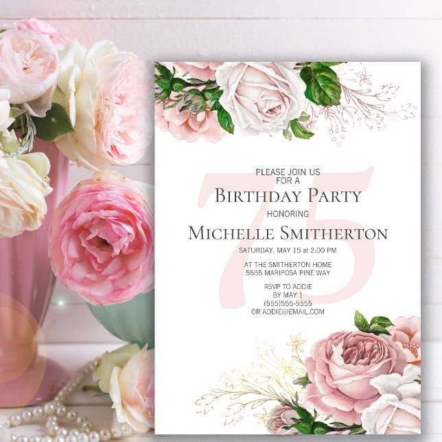 Invitation Fleurs roses rose 75e anniversaire (Elegant pink vintage roses 75th birthday party invitation for women)