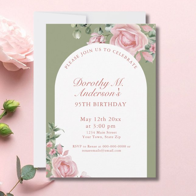 Invitation Fleurs Roses Rose Élégant 95e Fête d'Anniversaire  (Créateur téléchargé)