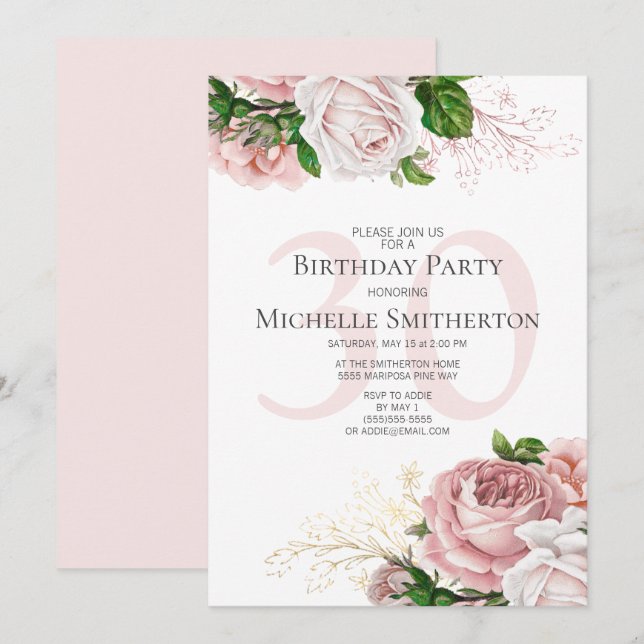 Invitation Fleurs roses rose pâle 30 ans Anniversaire (Devant / Derrière)