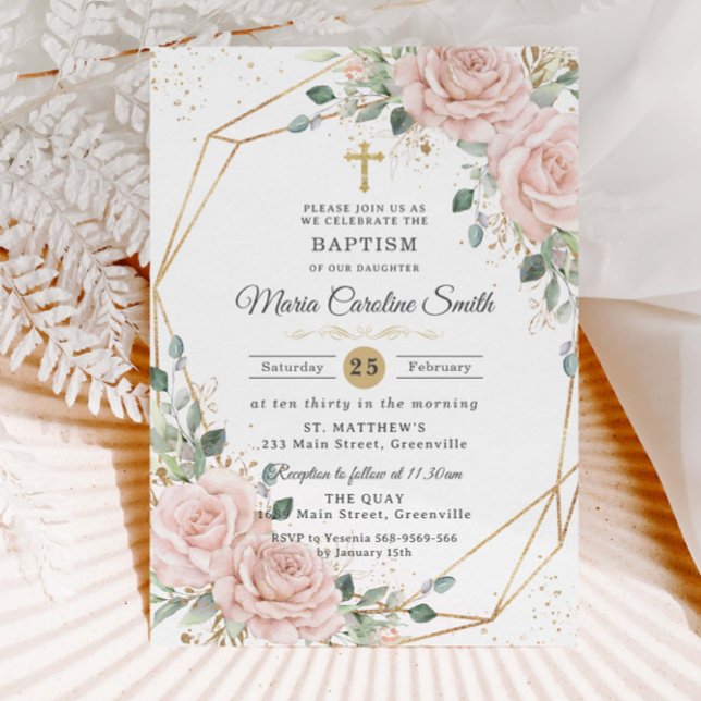 Invitation Fleurs roses rose pâle Croix dorée Baptême  (Créateur téléchargé)