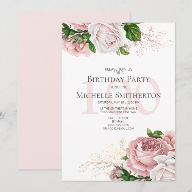 Invitation Fleurs roses roses blush Blanc 100e anniversaire (Devant / Derrière)