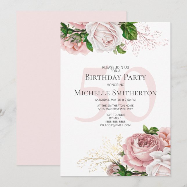 Invitation Fleurs roses roses blush Blanc 50e anniversaire (Devant / Derrière)