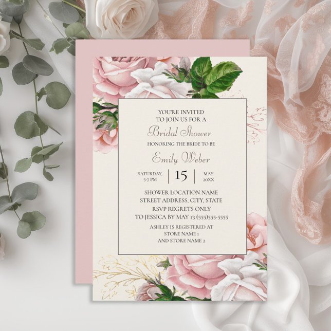 Invitation Fleurs roses roses Blush Crème Douce Mariage (Blush pink vintage floral bridal shower invitation)