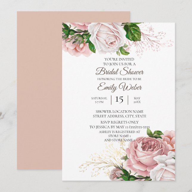 Invitation Fleurs roses roses blush Mariage (Devant / Derrière)