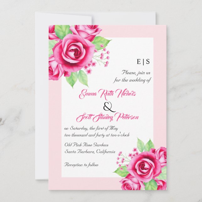 Invitation Fleurs roses roses et mariage à fleurs à code QR (Devant)