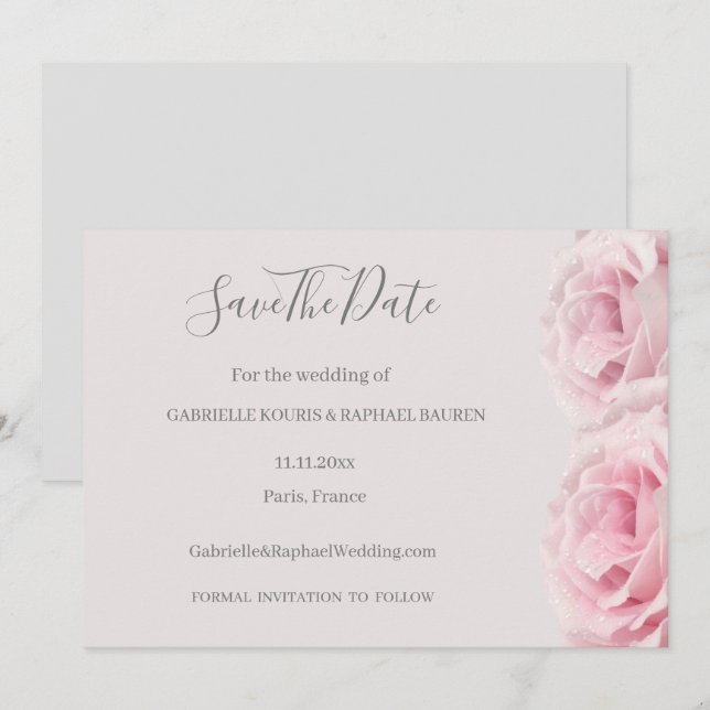Invitation Fleurs Roses Roses Grises Save The Date Mariage (Devant / Derrière)