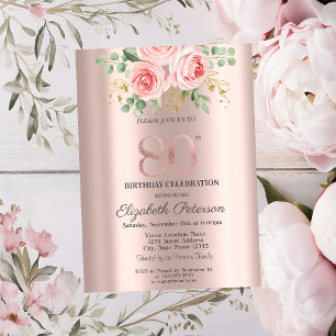 Invitation Fleurs Roses Roses Pailletées Or Rose 80e Annivers