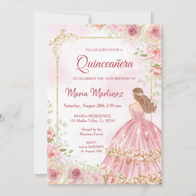 Invitation Fleurs Roses Roses Roses Avec Quinceanera Rose Viv (Devant)