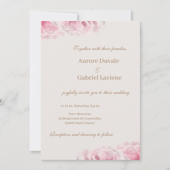 Invitation Fleurs Roses roses Vrais Mariage Floral d'or d'ivo (Devant)