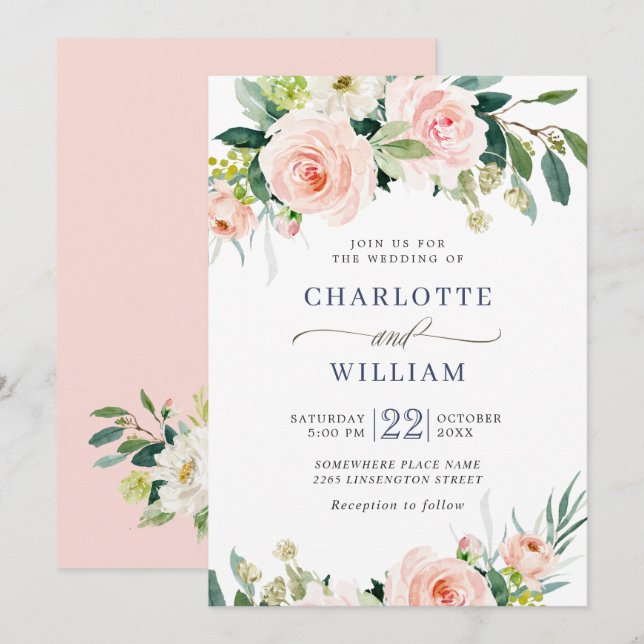 Invitation Fleurs Roses Rouges Aquarelle Mariage de Verdure (Devant / Derrière)