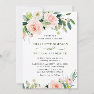 Invitation Fleurs Roses Rouges Aquarelle Verdure Mariage