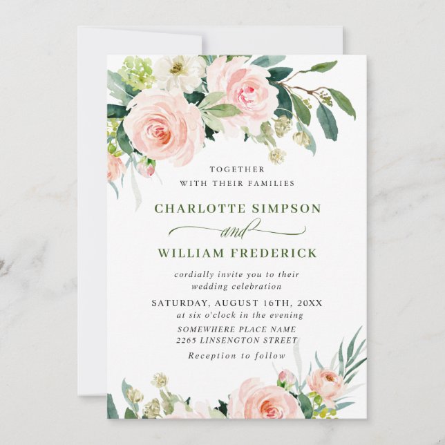Invitation Fleurs Roses Rouges Aquarelle Verdure Mariage (Devant)