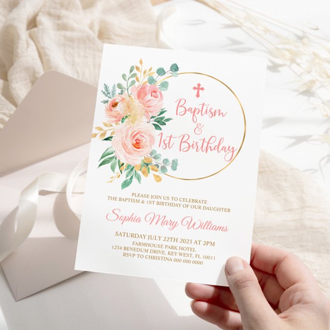 Invitation Fleurs Roses Rouges Baptême & Premier Anniversaire (Créateur téléchargé)