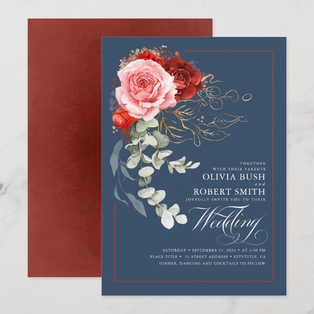 Invitation Fleurs roses rouges bordeaux Boho Navy Mariage ble (Devant / Derrière)