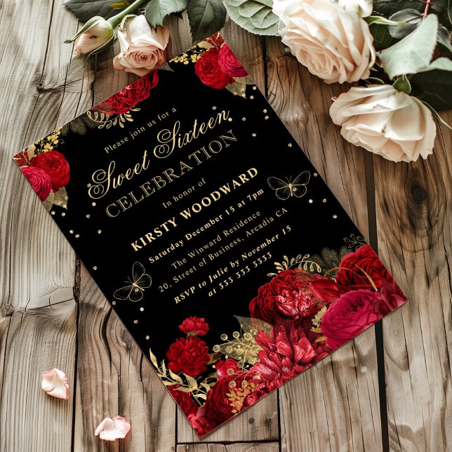 Invitation Fleurs Roses Rouges et Dorées pour Swee (Créateur téléchargé)